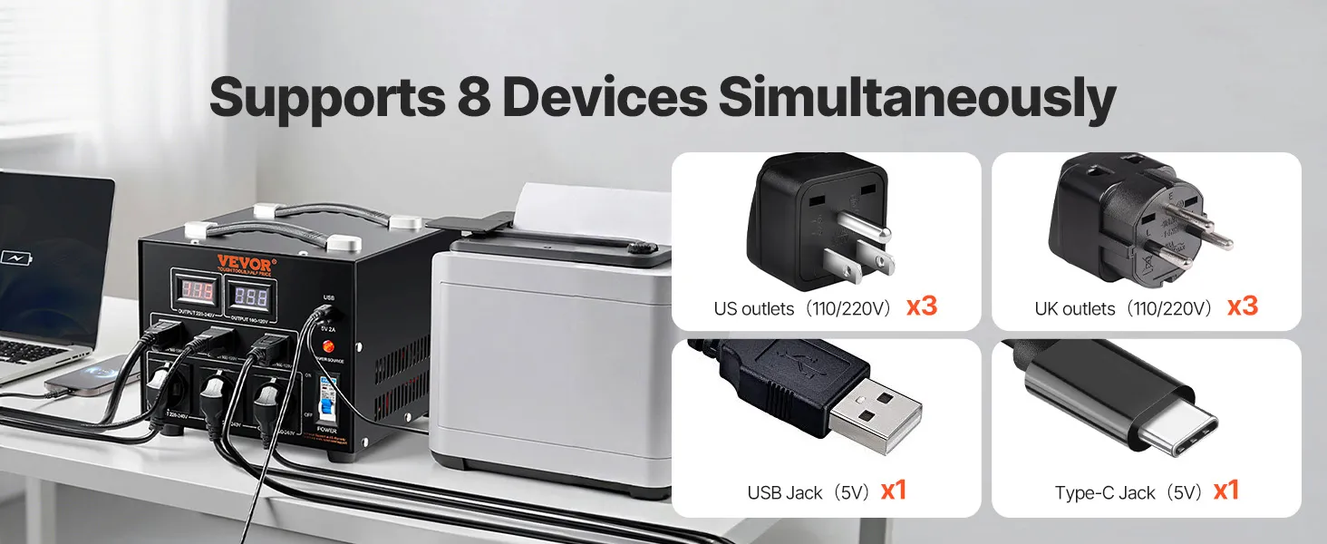 VEVOR Voltage Converter Transformer, 5000W, Heavy Duty Step Up/Down Transformer, Convert from 110 Volt to 220 Volt and  from 220 Volt to 110 Volt, with US Outlet EU Outlet 5V USB Port, CE Certified