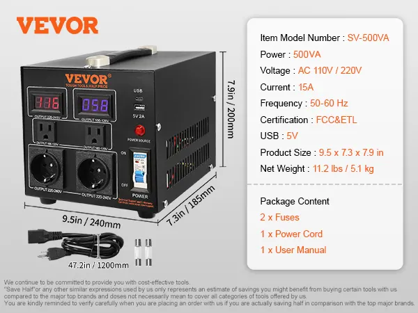 Przetwornica napięcia VEVOR sv-500va, 500va, prąd zmienny 110 V/220 V, 15 A, USB 5 V, 9,5 x 7,3 x 7,9 cala, z 2 bezpiecznikami.
