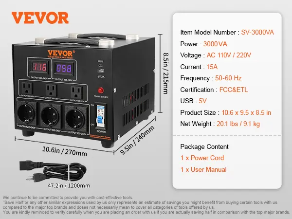 VEVOR spanningsomvormertransformator, 3000 VA, AC 110 V/220 V, 15 A, Amerikaanse stekker, FCC&ETL-gecertificeerd.