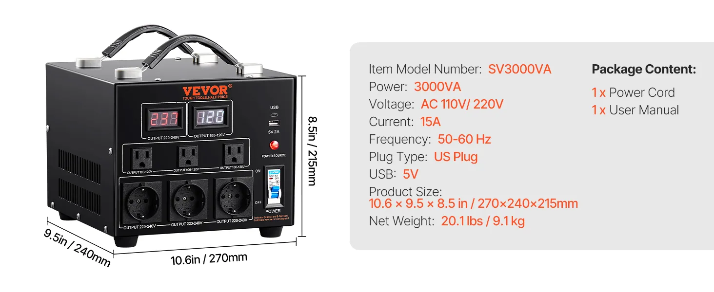 VEVOR voltage converter transformer, 3000va, ac 110v/220v, 15a, us plug, fcc&etl certified.