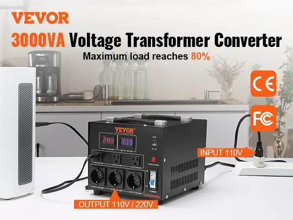 VEVOR spanningsomvormer transformator 3000va, ingang 110v, uitgang 110v/220v, keukenopstelling.