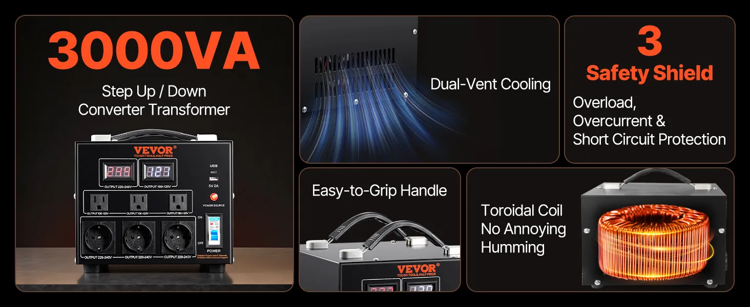 VEVOR voltage converter transformer 3000va, input 110v, output 110v/220v, kitchen setting.