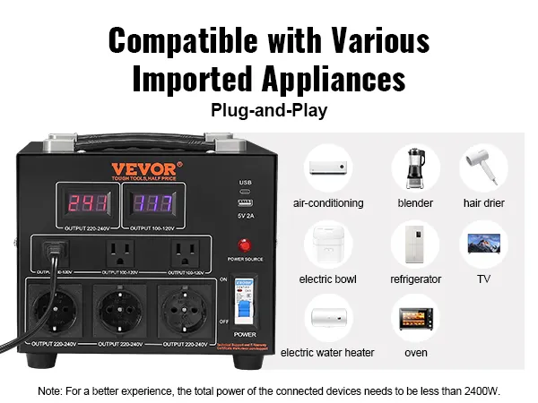VEVOR spanningsomvormer transformator compatibel met airconditioning, blender, haardroger en meer.