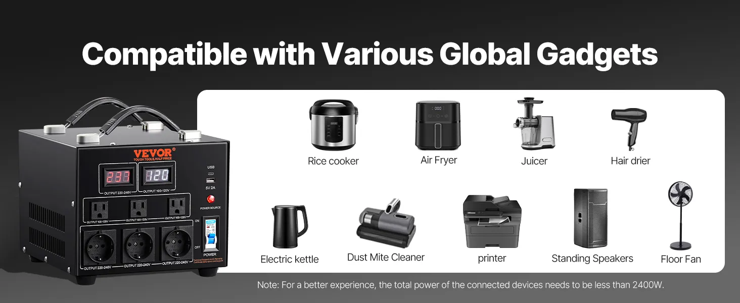 VEVOR voltage converter transformer compatible with air-conditioning, blender, hair dryer, and more.