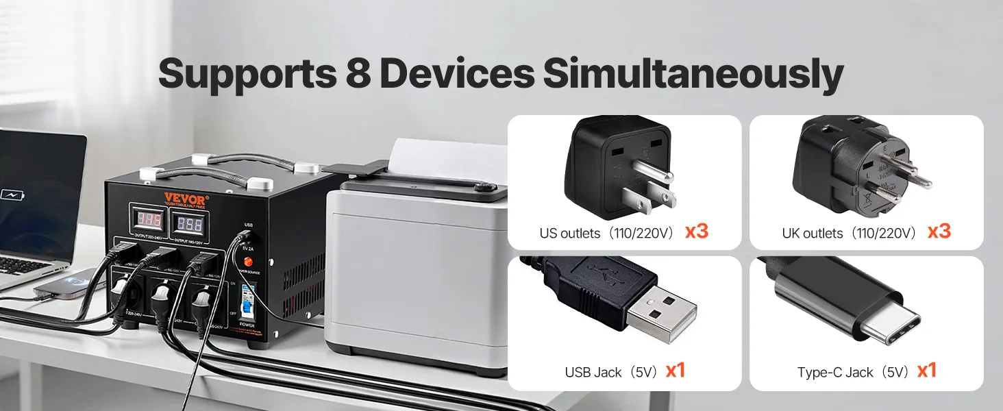 VEVOR voltage converter transformer supports 8 devices with usb, type-c, us, and uk outlets.
