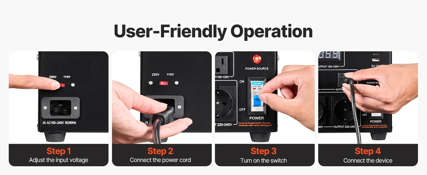 VEVOR voltage converter transformer showcasing input adjustment, power connection, and device connectivity.