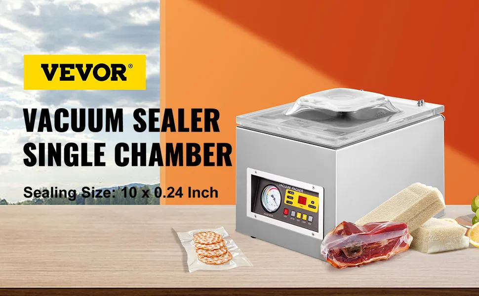 Selladora al vacío de cámara VEVOR con carne, queso y salchichas selladas sobre una mesa.