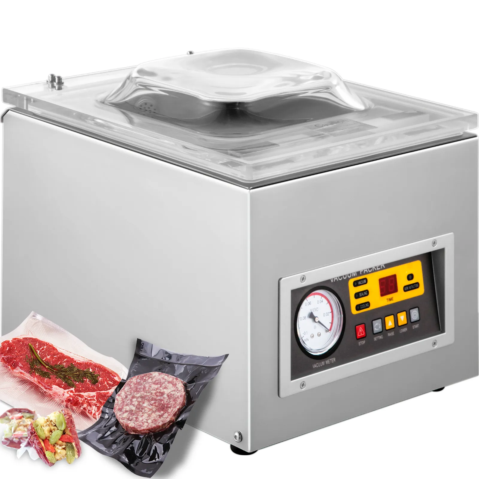 Envasadora al vacío de cámara VEVOR con carnes selladas y panel de control.
