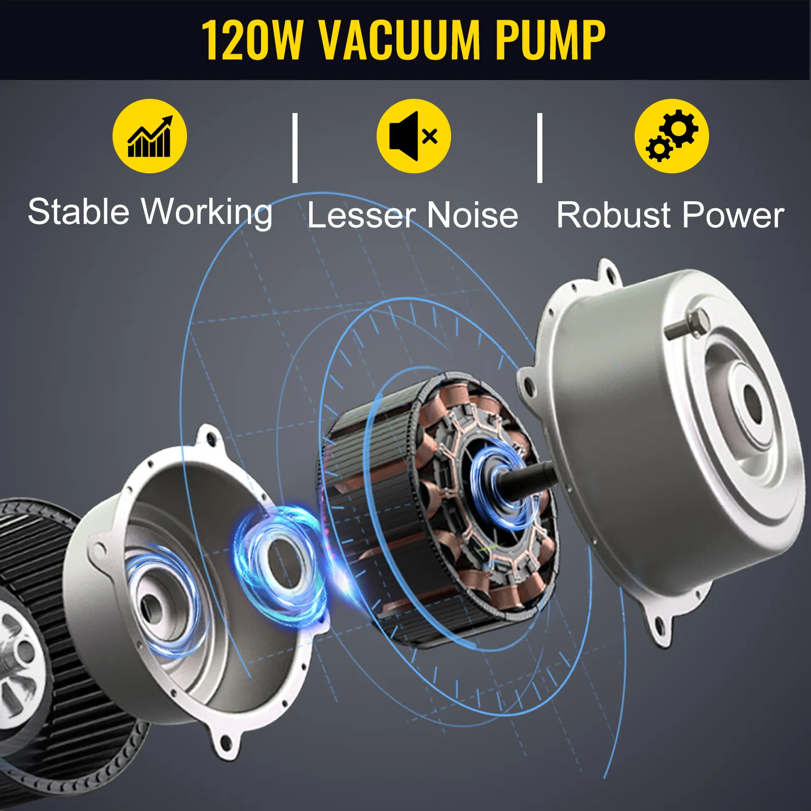 Bomba de vacío de 120 W con funcionamiento estable, menor ruido y potencia robusta para sellador al vacío de cámara VEVOR.