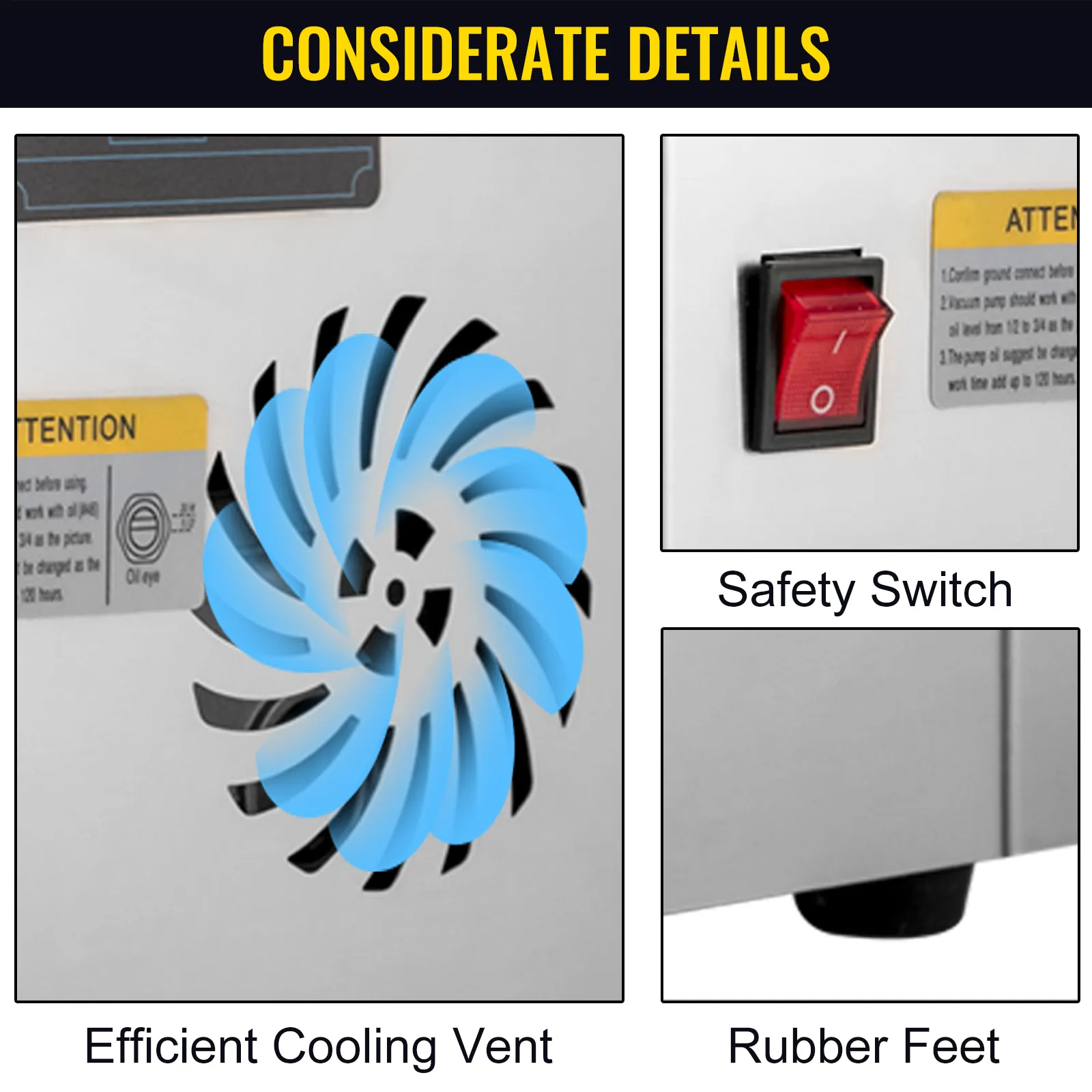 Selladora al vacío de cámara VEVOR con ventilación de enfriamiento, interruptor de seguridad y detalles de patas de goma.
