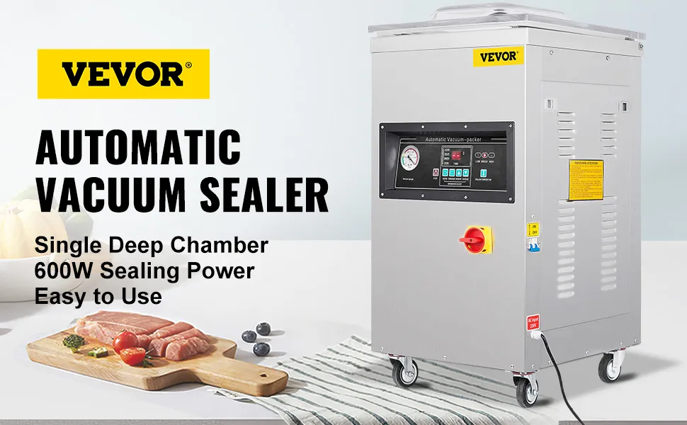 Zgrzewarka próżniowa komorowa VEVOR, pojedyncza głęboka komora o mocy zgrzewania 600 W, łatwa w użyciu.