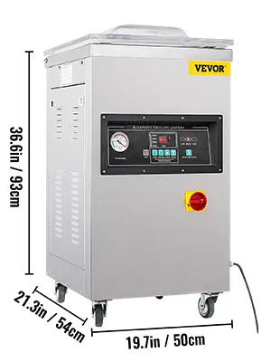 VEVOR chamber vacuum sealer with dimensions and control panel display.