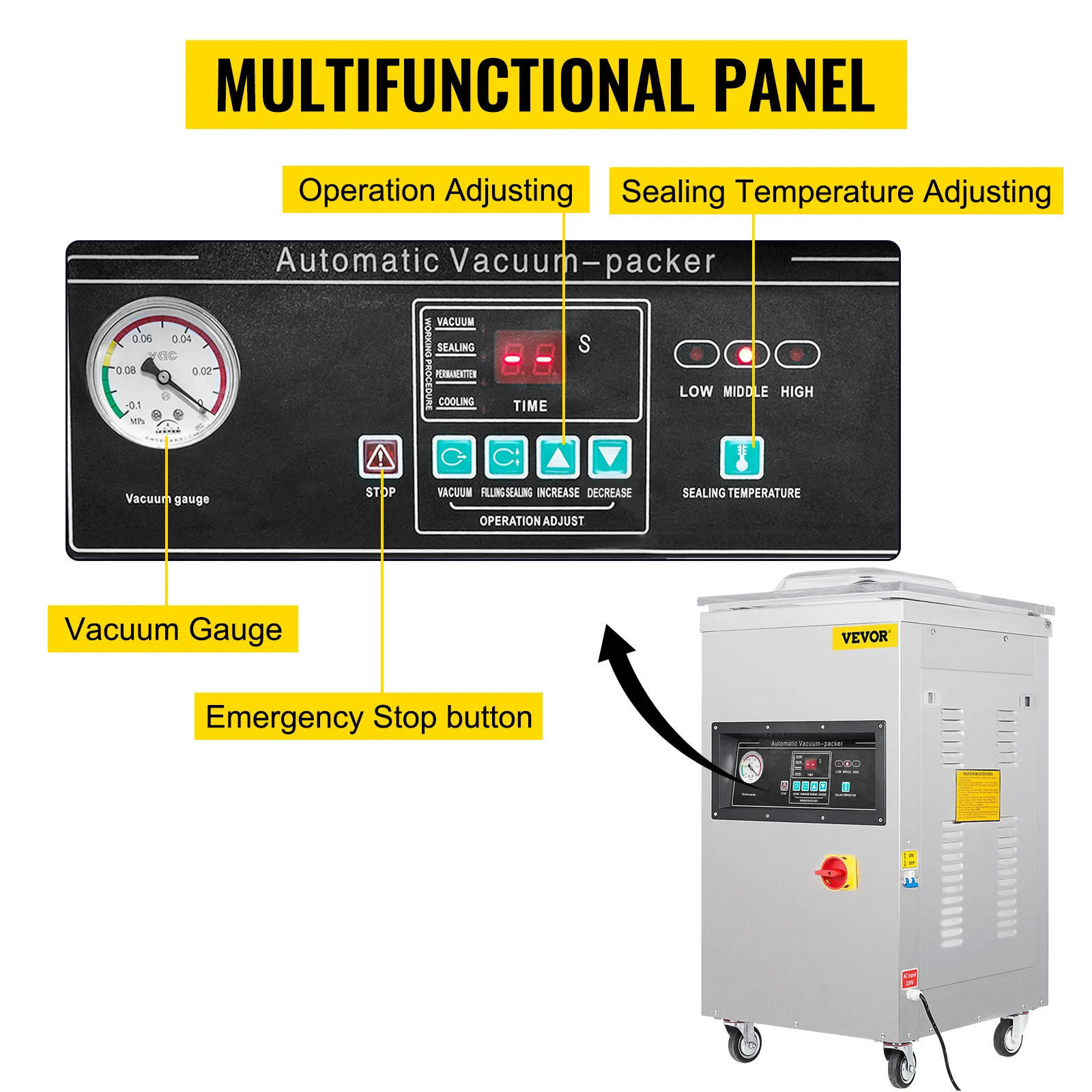 multifunctional panel of VEVOR chamber vacuum sealer with gauges and control buttons.