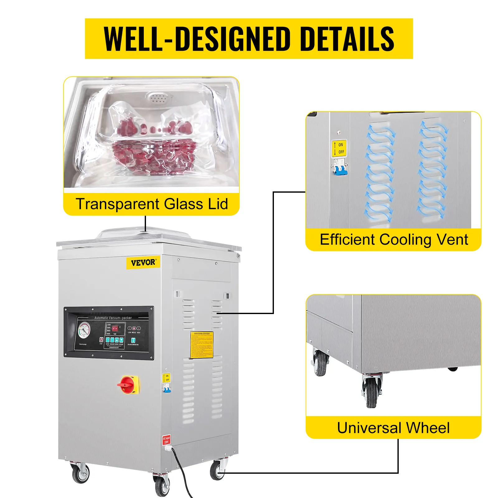 VEVOR chamber vacuum sealer with transparent glass lid, cooling vent, and wheels.