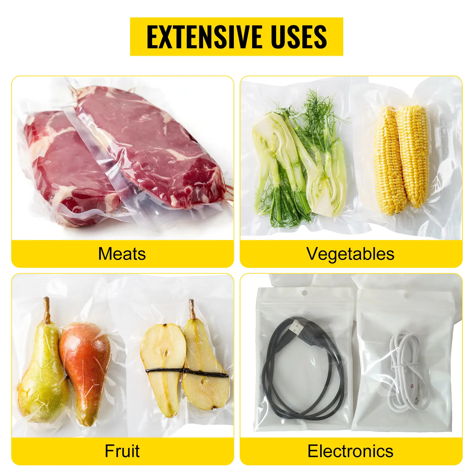 VEVOR chamber vacuum sealer showcasing meats, vegetables, fruit, and electronics storage.