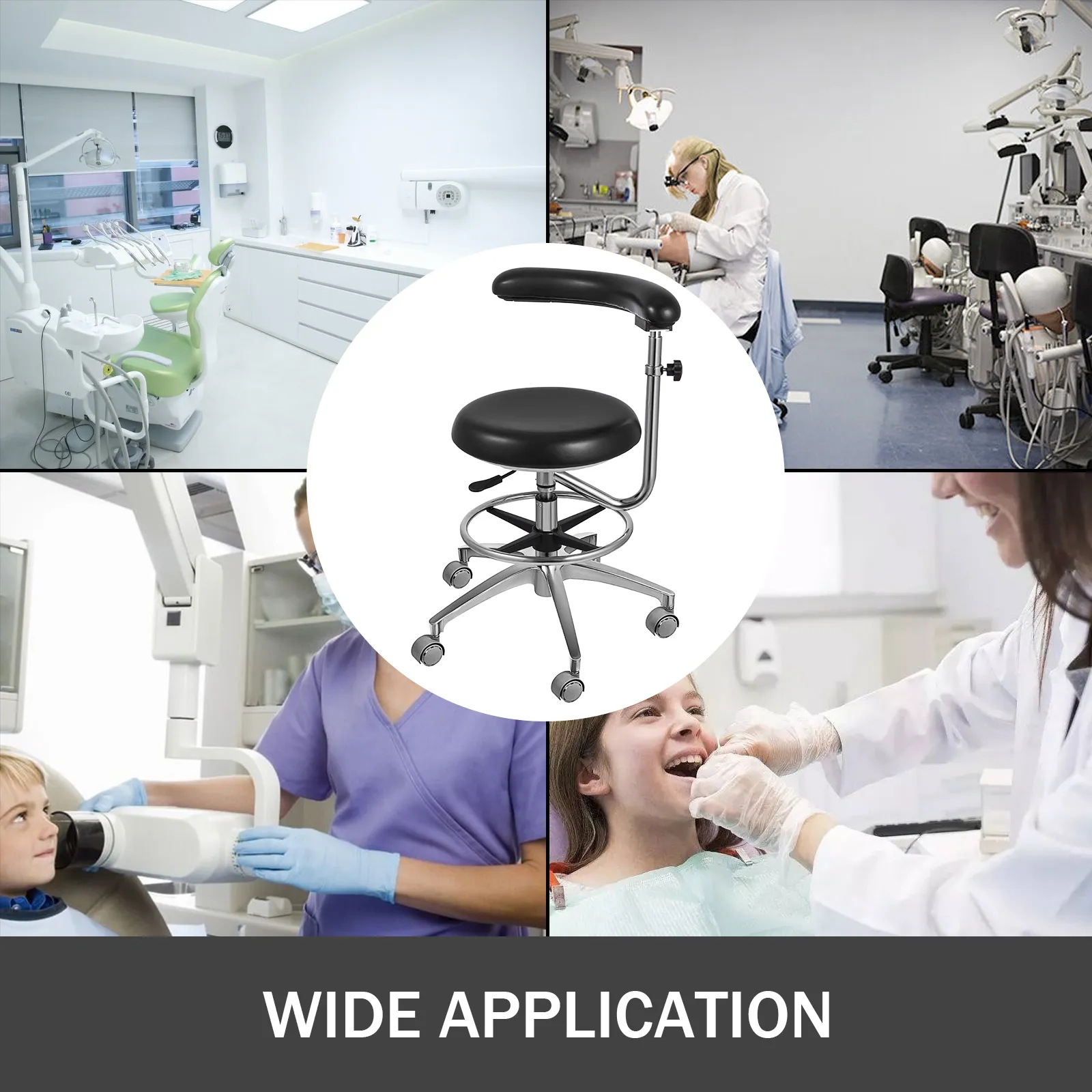 VEVOR dental stool in various dental clinic settings, promoting wide application.