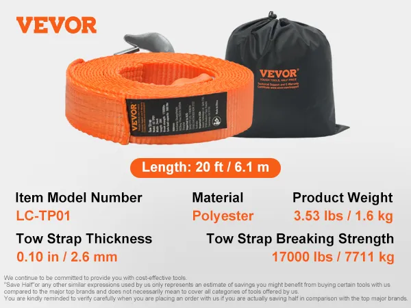 VEVOR tow strap, 20 ft length, 3.53 lbs weight, 17000 lbs strength, polyester, with storage bag.