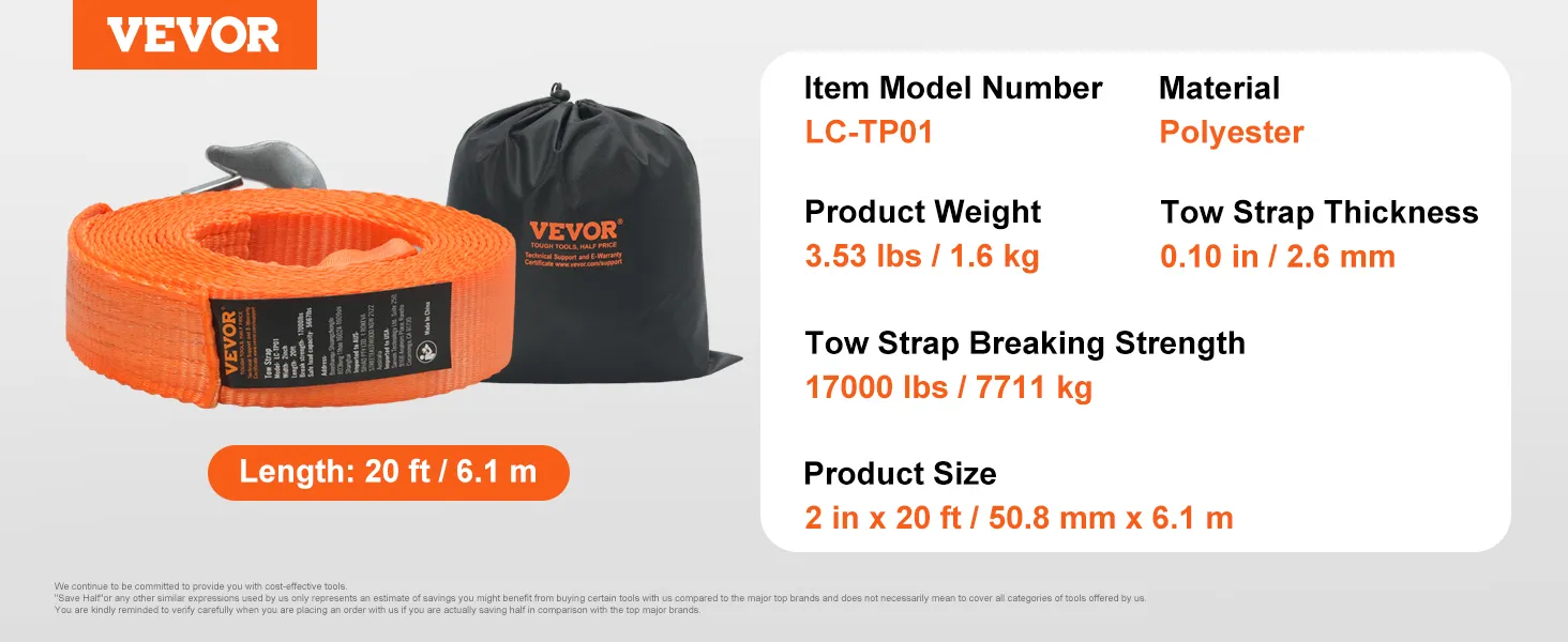 VEVOR tow strap, 20 ft length, 3.53 lbs weight, 17000 lbs strength, polyester, with storage bag.