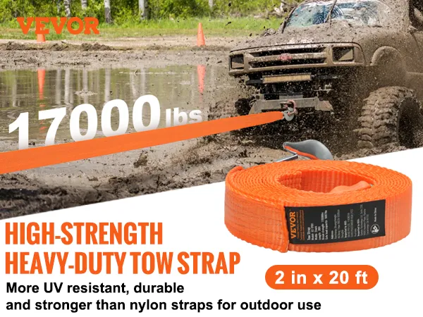VEVOR tow strap pulling muddy truck, 17000 lbs capacity, 2 in x 20 ft heavy-duty, uv resistant.