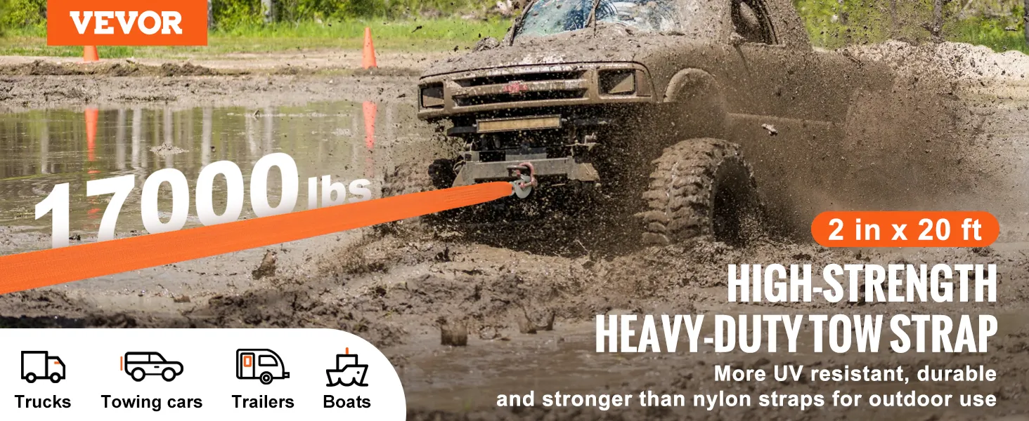 VEVOR tow strap pulling muddy truck, 17000 lbs capacity, 2 in x 20 ft heavy-duty, uv resistant.