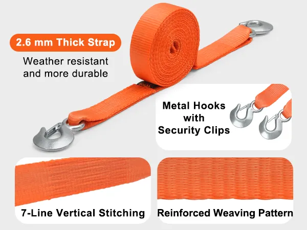 VEVOR tow strap with metal hooks, 2-in wide, 20-ft long, 2.6 mm thick, weather-resistant, durable.