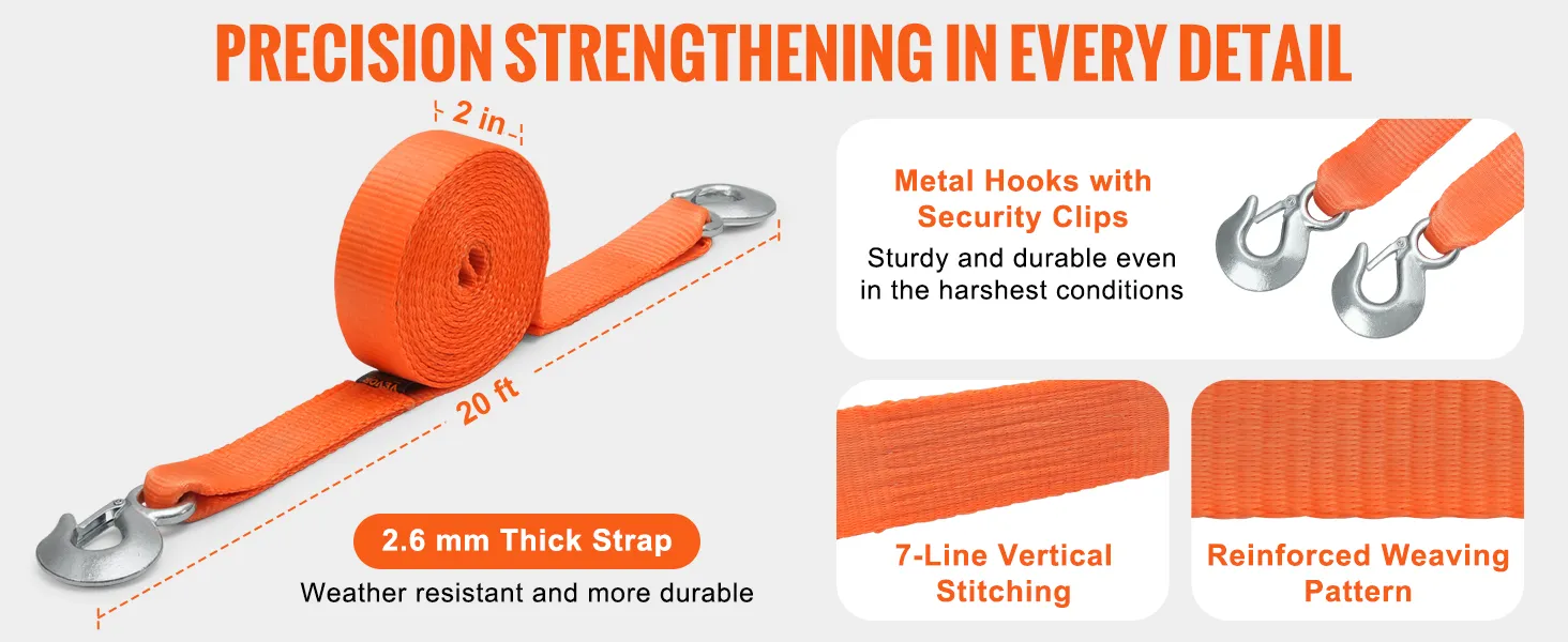 VEVOR tow strap with metal hooks, 2-in wide, 20-ft long, 2.6 mm thick, weather-resistant, durable.
