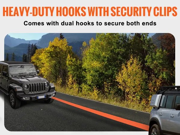 two suvs towing with VEVOR tow strap, heavy-duty hooks, and security clips on a scenic mountain road.