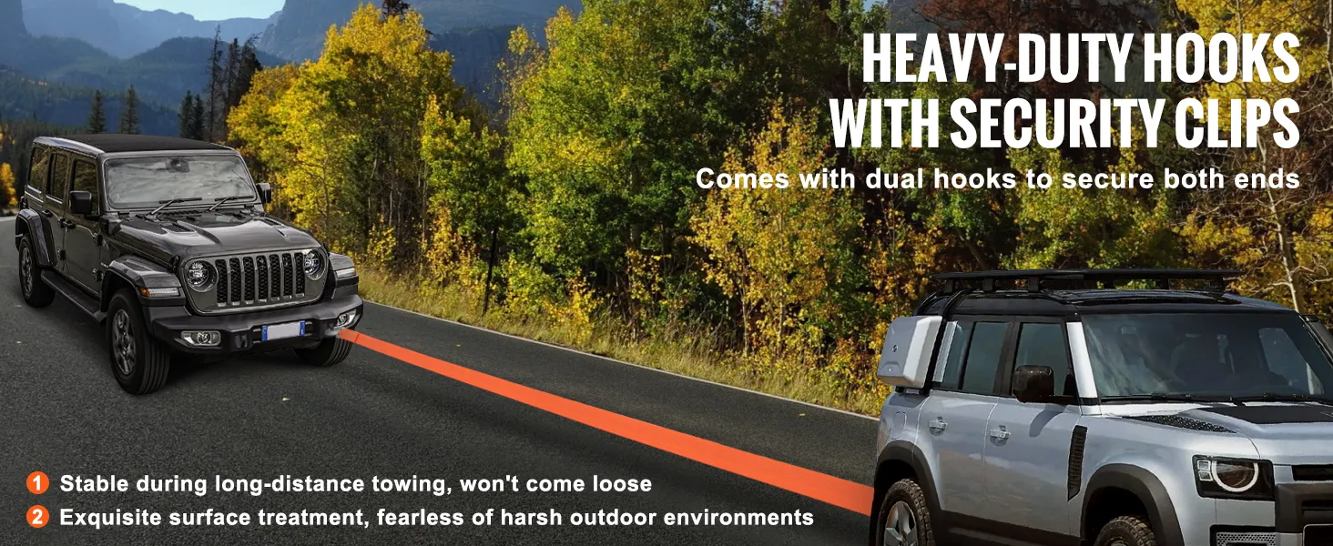 two suvs towing with VEVOR tow strap, heavy-duty hooks, and security clips on a scenic mountain road.