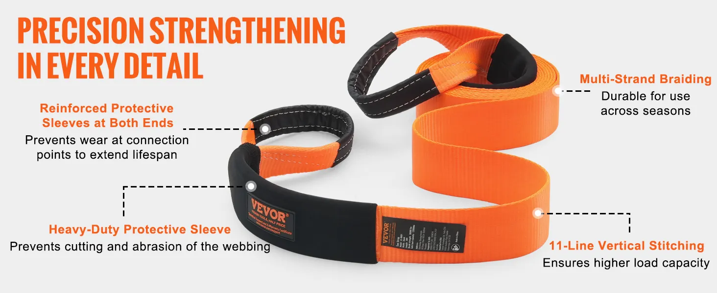 VEVOR heavy duty tow strap with reinforced sleeves, multi-strand braiding, and 11-line vertical stitching.