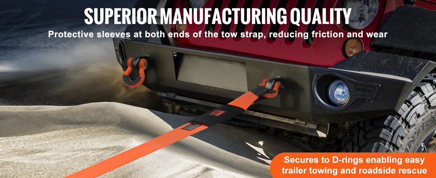 VEVOR heavy duty tow strap attached to red vehicle's d-rings, ideal for trailer towing and roadside rescue.