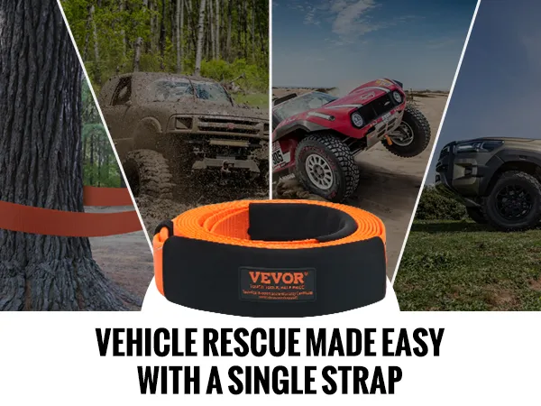 VEVOR heavy duty tow strap securing vehicles in woods, mud, sand, and on grass terrain.