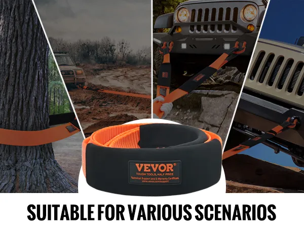 VEVOR tow strap used for tree saver, mud towing, v-bridle strap, and emergency hauling scenarios.