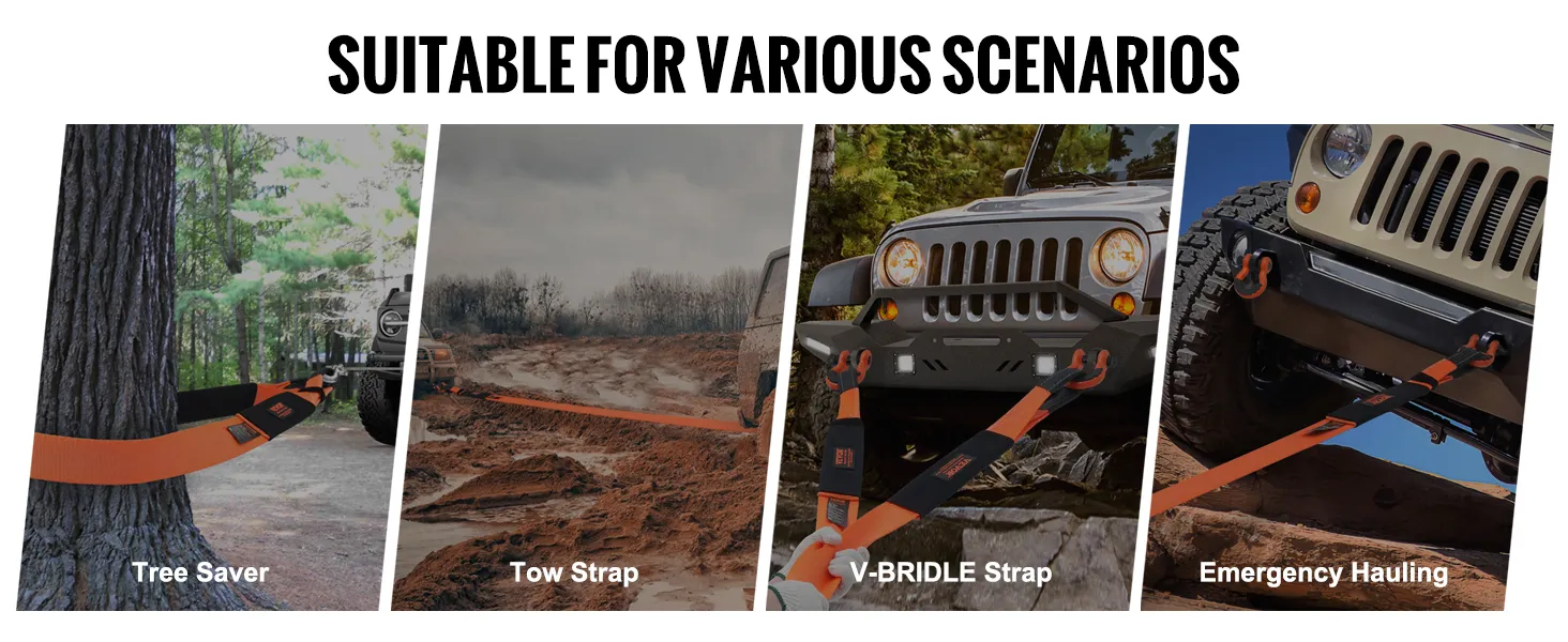 VEVOR tow strap used for tree saver, mud towing, v-bridle strap, and emergency hauling scenarios.