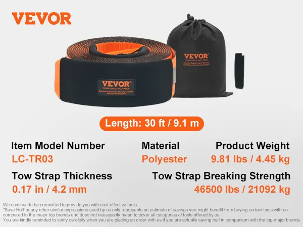VEVOR recovery tow strap, 30 ft length, 46500 lbs strength, polyester material, model lc-tr03.
