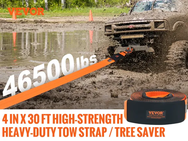 VEVOR recovery tow strap pulling a muddy off-road vehicle, 46500 lbs breaking strength, 4 in x 30 ft.