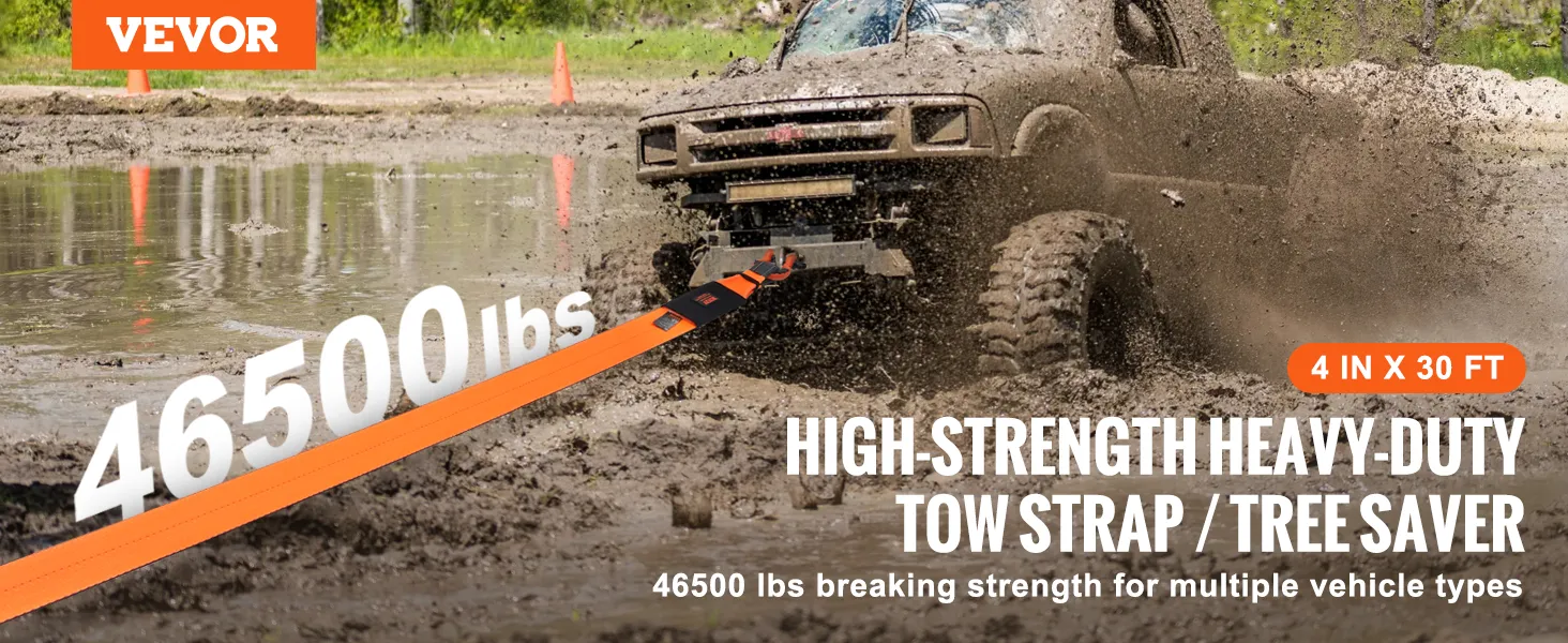 VEVOR recovery tow strap pulling a muddy off-road vehicle, 46500 lbs breaking strength, 4 in x 30 ft.