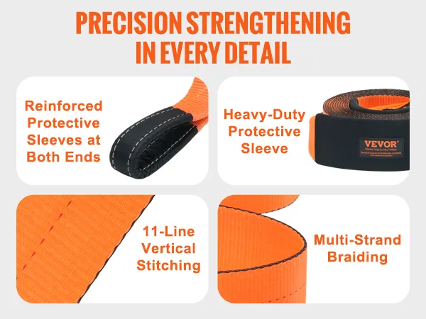 VEVOR recovery tow strap with reinforced protective sleeves, multi-strand braiding, and heavy-duty stitching.