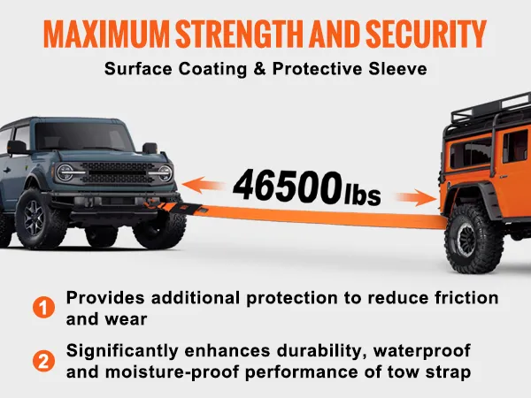 two vehicles connected by an orange VEVOR recovery tow strap, emphasizing 46,500 lbs strength.