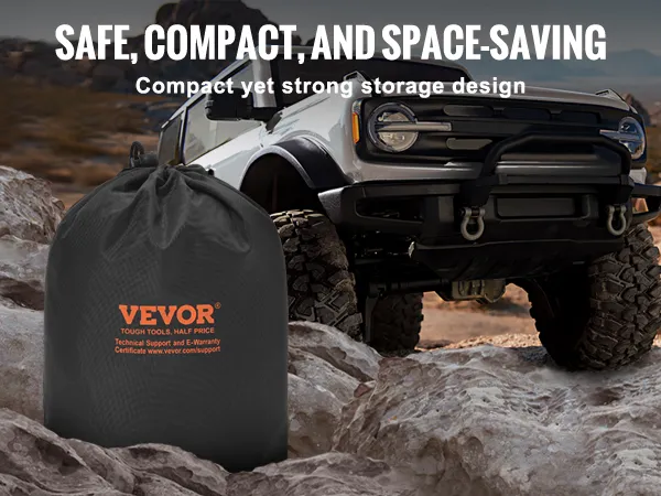 VEVOR recovery tow strap in rugged bag, off-road vehicle in background, safe and compact storage.