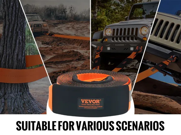 VEVOR recovery tow strap for tree saver, mud towing, v-bridle strap, and emergency hauling scenarios.