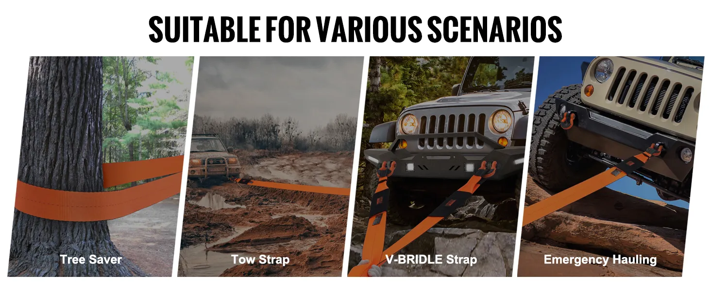 VEVOR recovery tow strap for tree saver, mud towing, v-bridle strap, and emergency hauling scenarios.