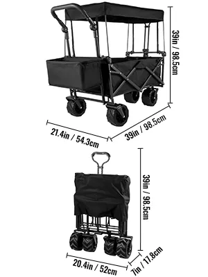Carrello da giardino pieghevole VEVOR con dimensioni e capacità di piegatura illustrate.