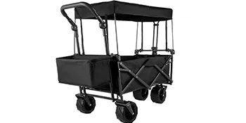Carrello da giardino pieghevole VEVOR nero con tettuccio e ruote robuste.