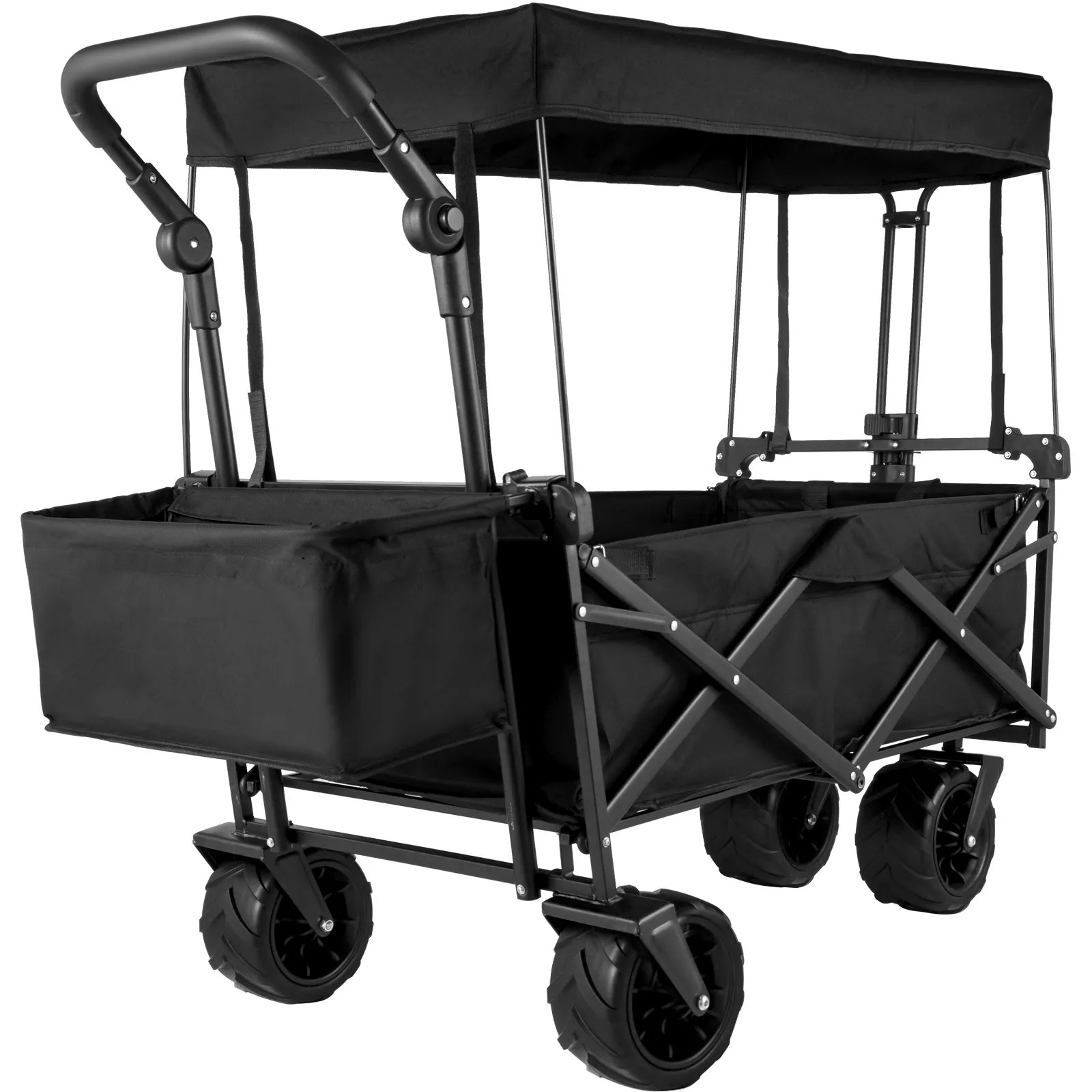 Carrello da giardino pieghevole VEVOR nero con telaio robusto e ruote grandi.
