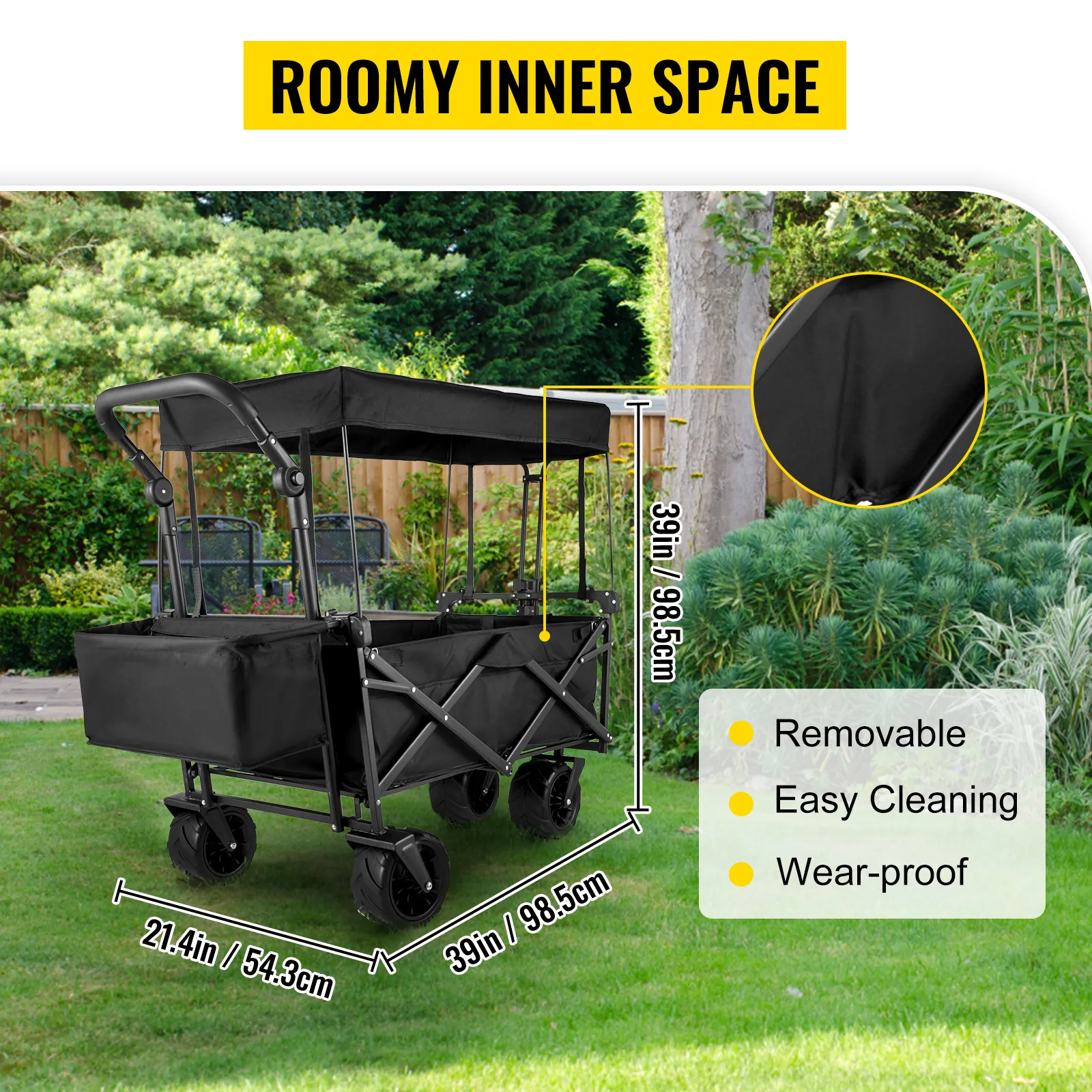 Carrello da giardino pieghevole VEVOR con tettuccio, interni spaziosi e tessuto resistente.