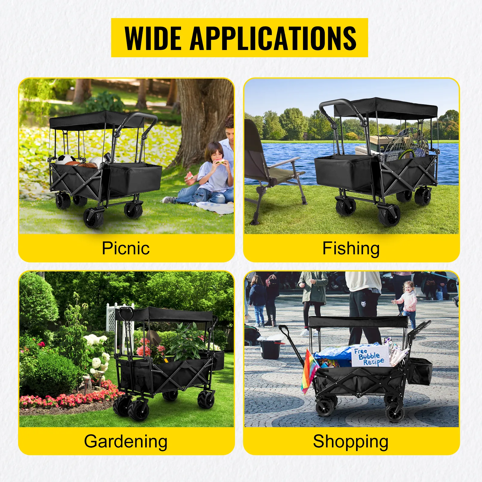 Utilizzi del carrello da giardino pieghevole VEVOR: picnic, pesca, giardinaggio, shopping.