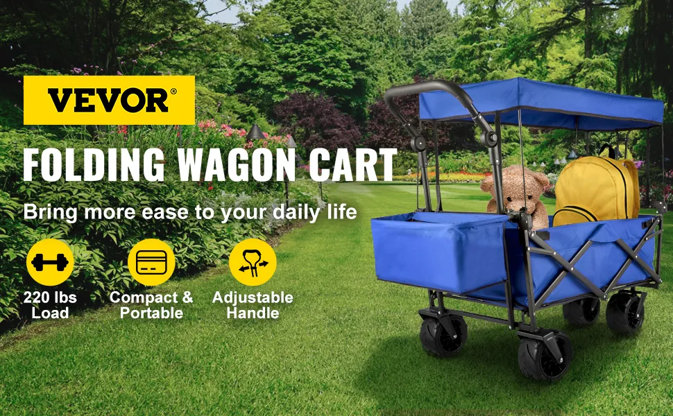 VEVOR collapsible garden cart in blue with adjustable handle and 220 lbs load capacity.