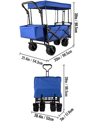VEVOR collapsible garden cart dimensions, blue fabric, foldable, with wheels and canopy.