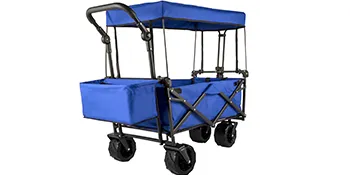 blue VEVOR collapsible garden cart with canopy, sturdy wheels, and foldable frame.