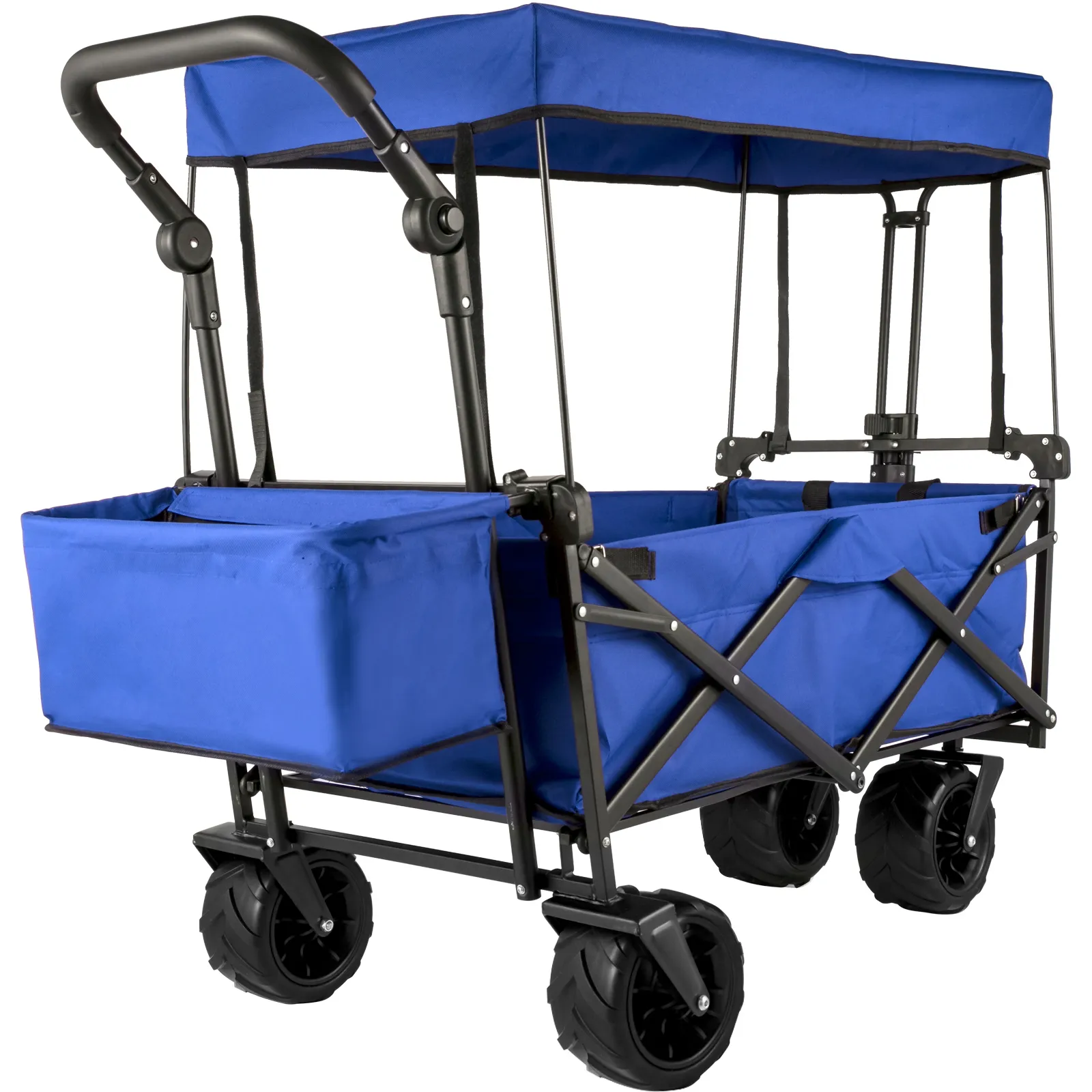 blue VEVOR collapsible garden cart with canopy and sturdy wheels.